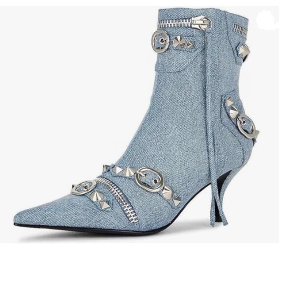 XYD Shoes - XYD Skyblue Denim Ultra Pointed Toe Kitten Heel Zipped Rivets Studded Ankle Boot